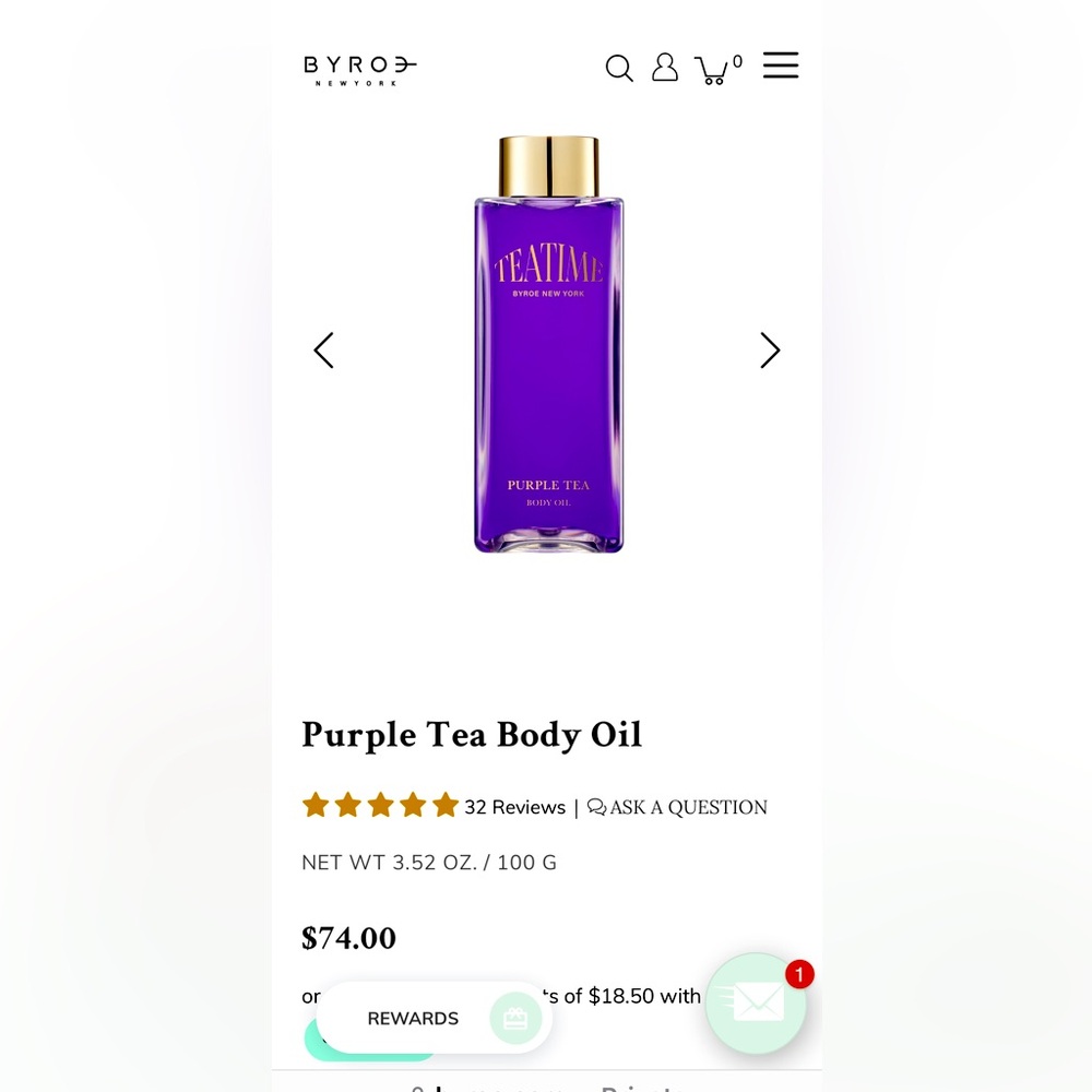 BNIB BYROE NEW YORK TEATIME PURPLE TEA BODY OIL